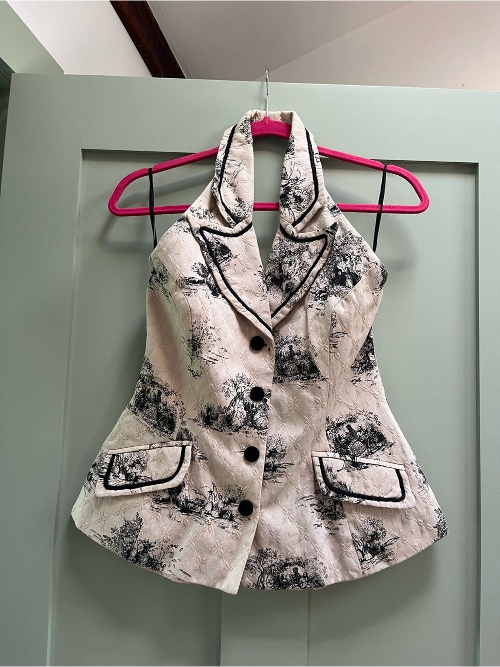 Cream and Black Printed Halter Blouse with Contrast Trim